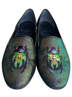 Tory Burch Size 9M Green Metallic Embroidered Beetle Loafers Leather Sole Shoes